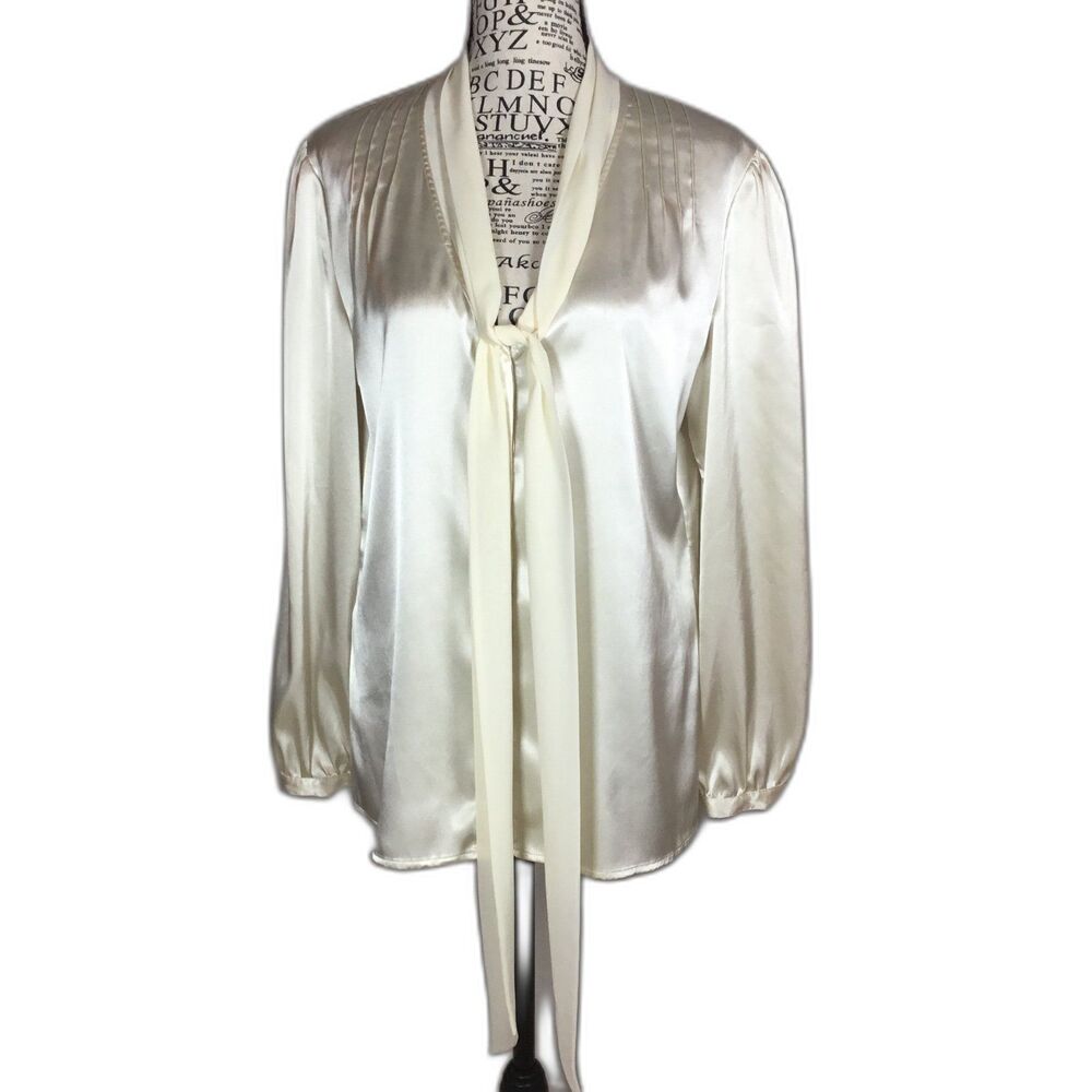 Cream satin pleat front blouse sheer tie in front long sleeve glam elegant M